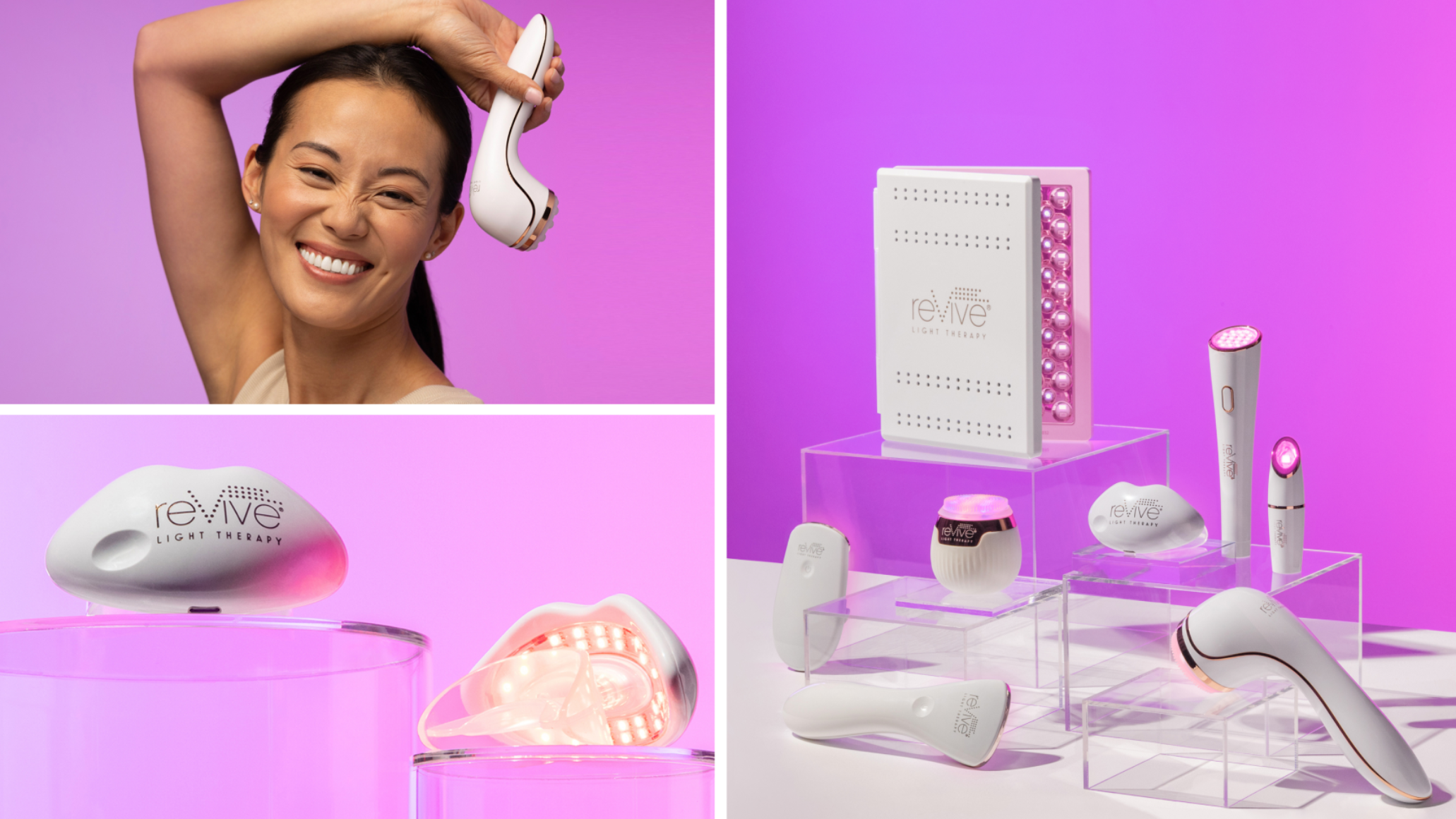 Woman smiling while using the Soniqué Cleanser, surrounded by various Lux Collection light therapy products